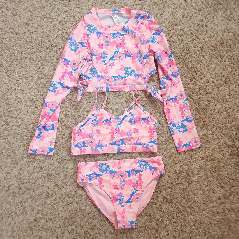Angel Beach Swimwear 2 Tops and Bottom Pink Flower‎ Pattern Girls 16